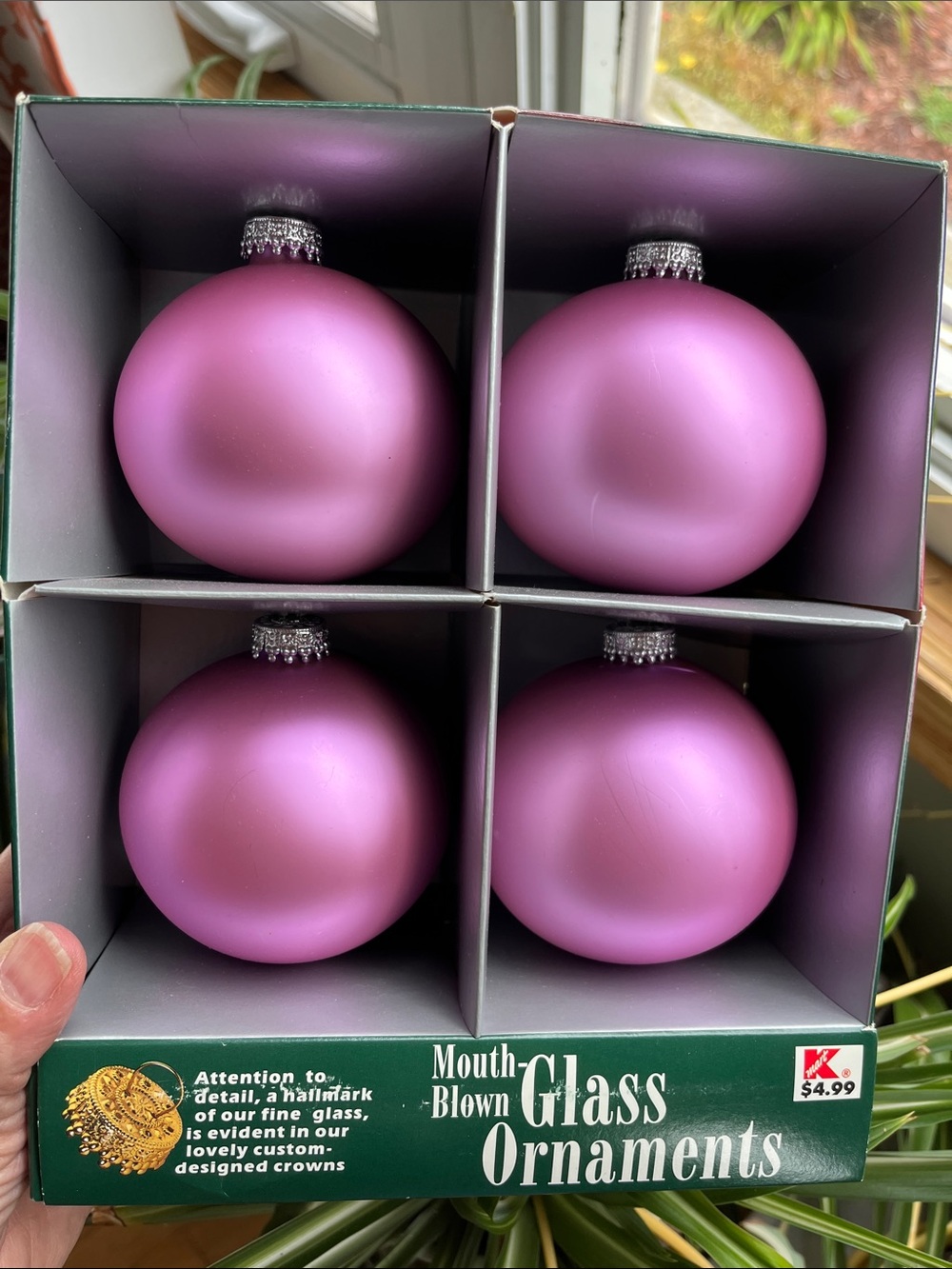 Set Of 4 1999 Kmart Winter Frost Mauve 3”Christmas Ornaments Mouth Blown Glass